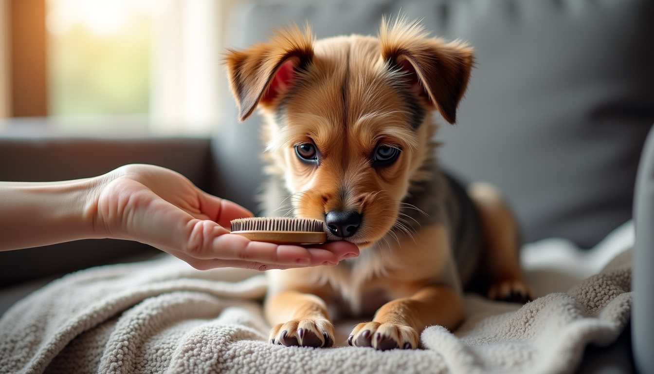 Wary small dog sniffing a soft brush