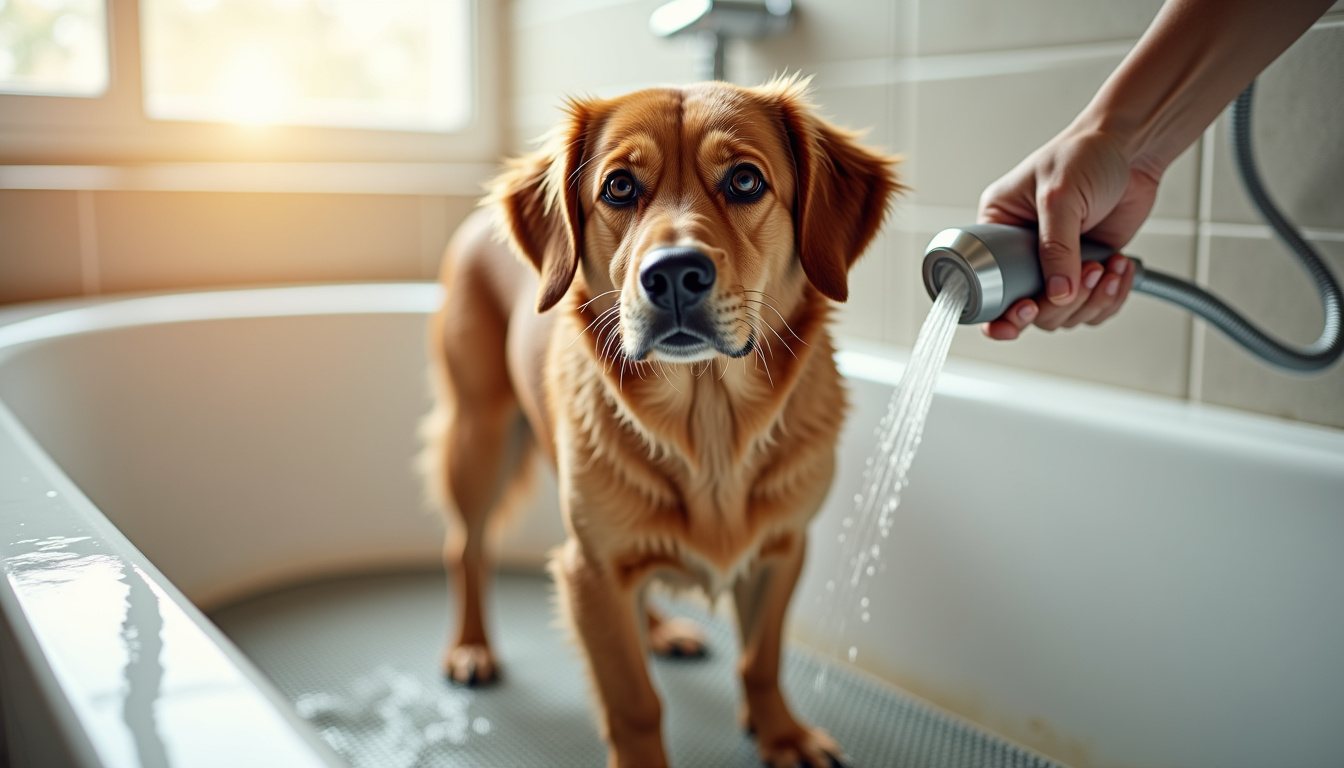 Wet dog in a bathtub being rinsed