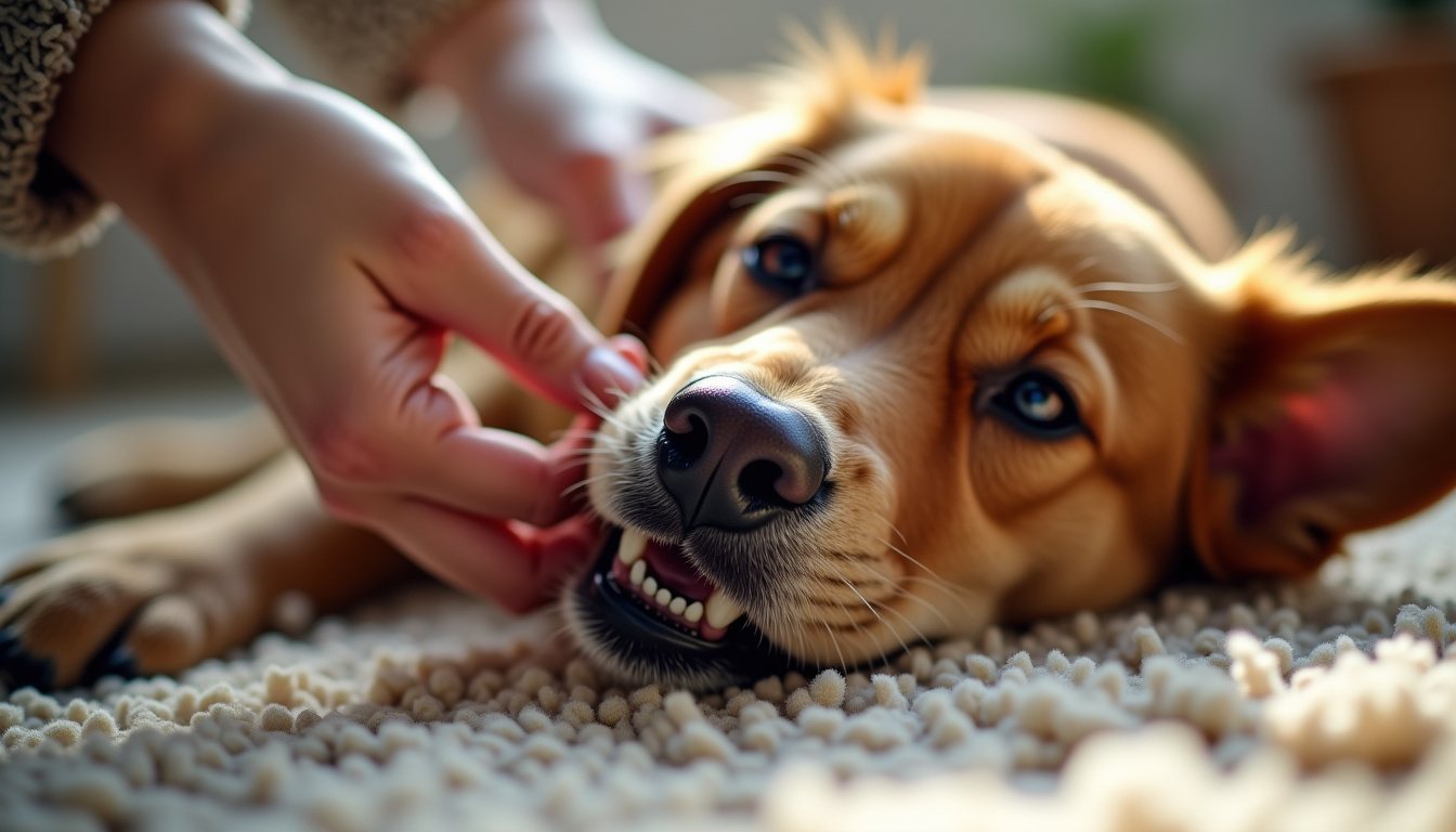 Owner lifting a dog's lip to check its teeth