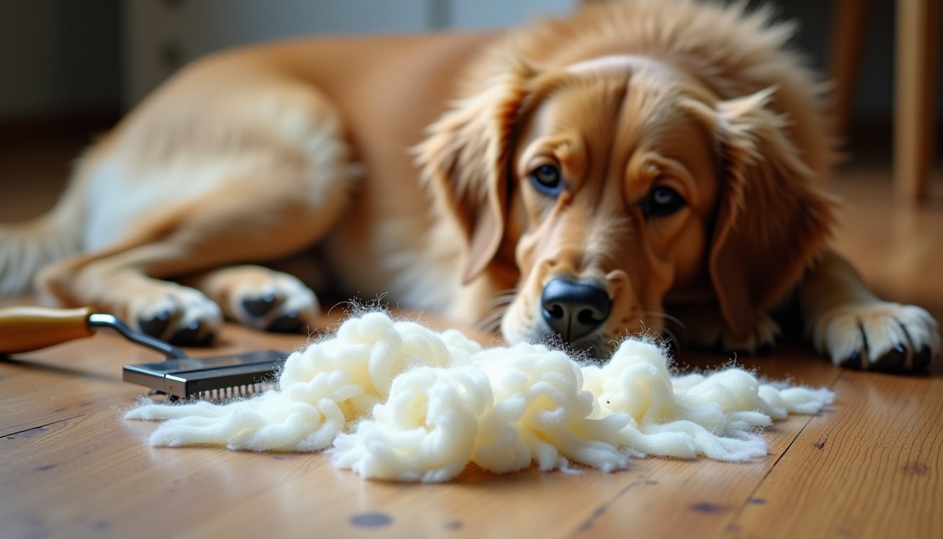 Tufts of undercoat beside a resting dog