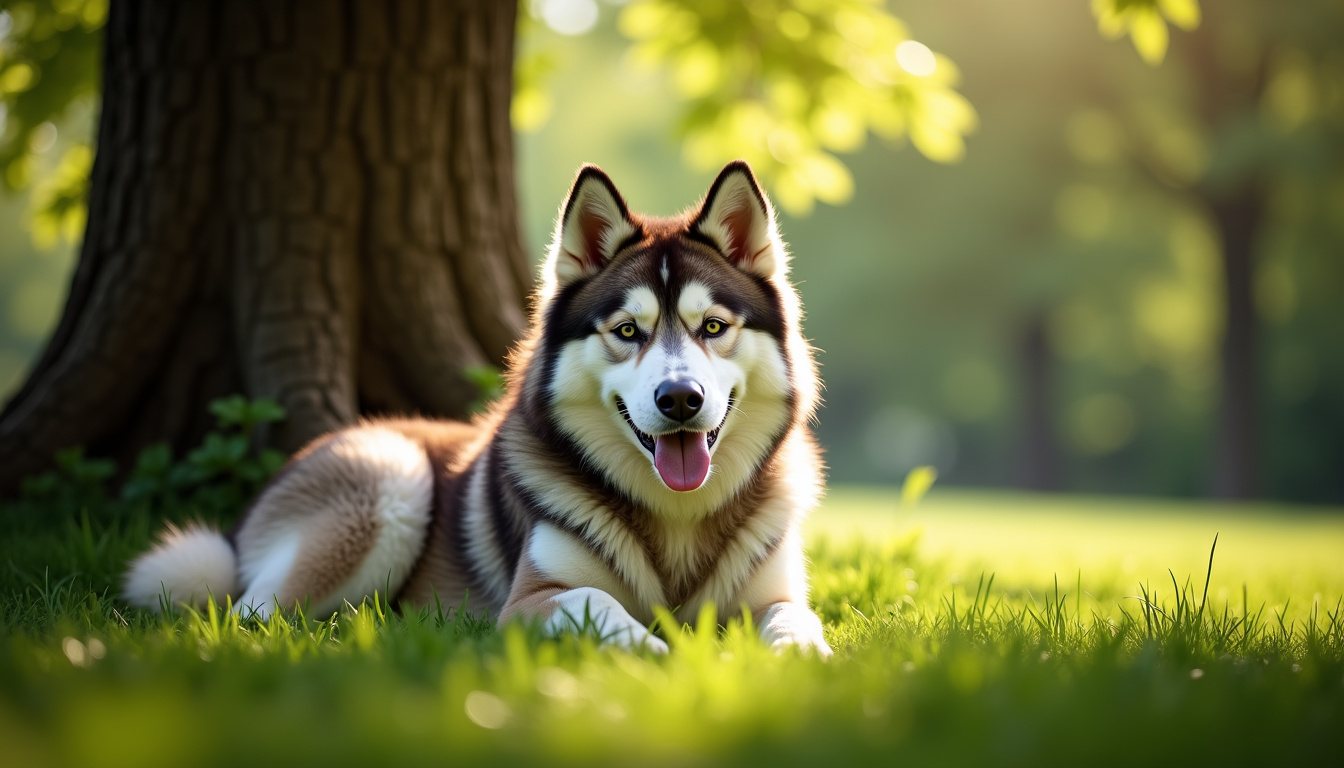 Thick-coated dog resting in the shade