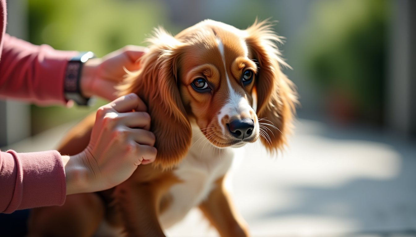 Owner lifting a floppy dog ear to look inside