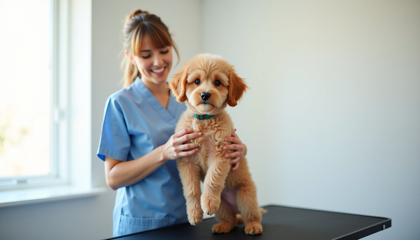 Dog standing calmly on a grooming table