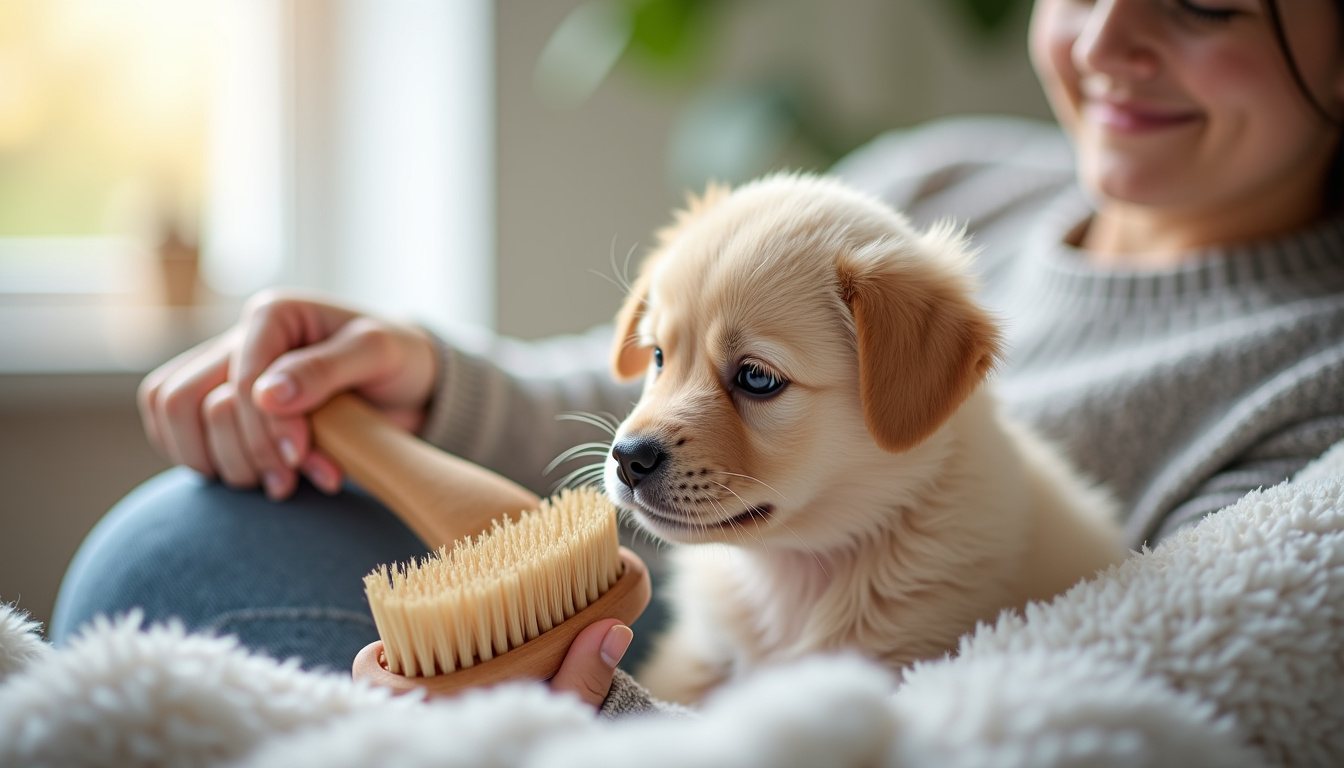 Puppy on a lap sniffing a small brush
